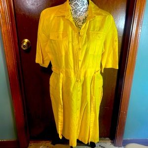 Women linen yellow belted dress